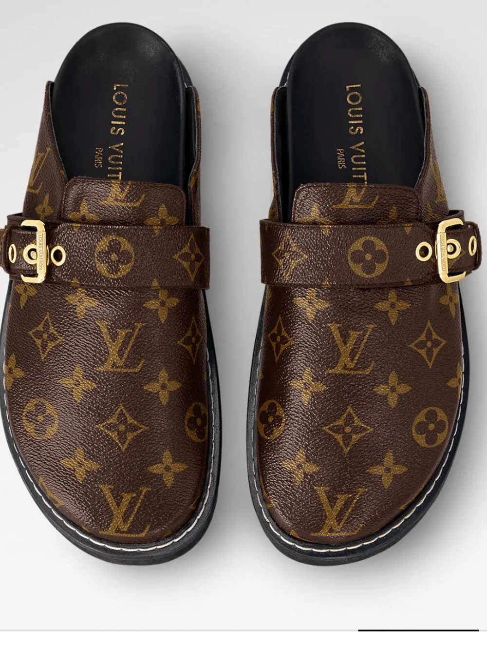 New Louis Vuitton Brown Monogram Leather Clog with Gold Buckle